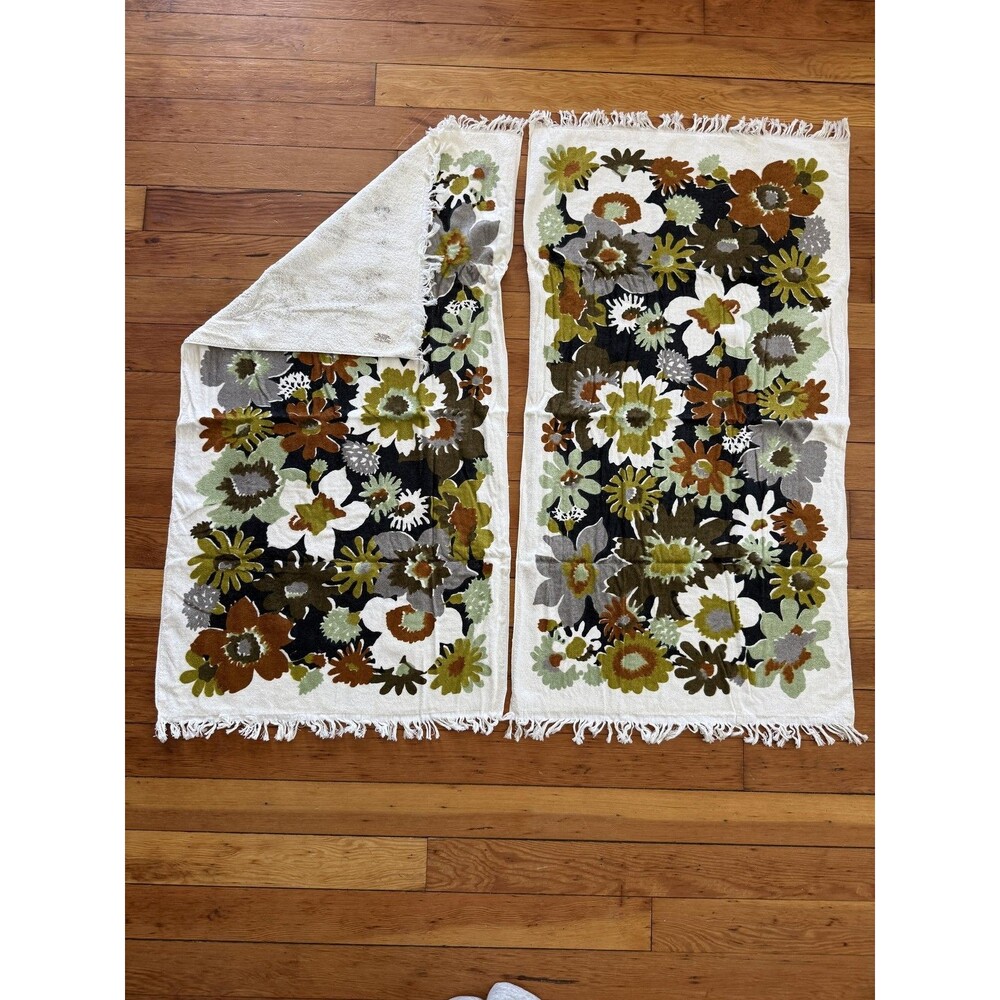 Vintage Exclusives By E E German Floral Bath Towel Fringe Pair 20x40 Cotton USA